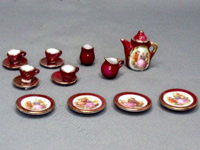(image for) Dollhouse Scale Red Luster Pattern Tea Service for Dollhouses