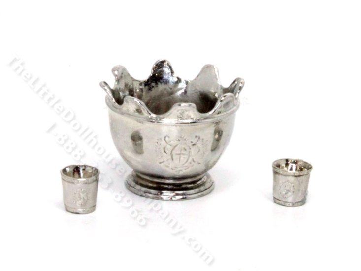 (image for) Miniature Silver Punch Bowl and Cups for Dollhouses