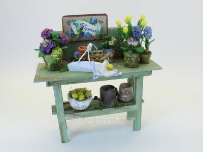 (image for) Miniature Spring Themed Green Potting Bench for Dollhouses