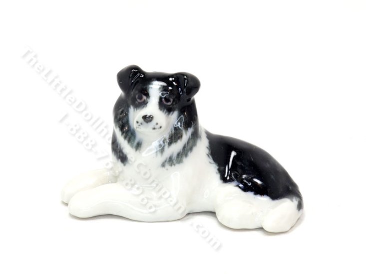 (image for) Miniature Porcelain Border Collie Dog Figurine for Dollhouses