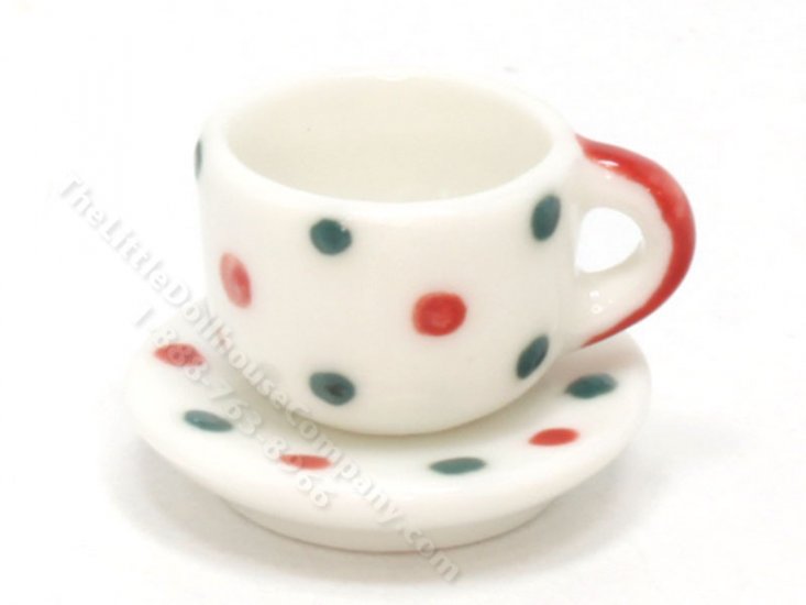 (image for) Miniature Playscale Red and Green Dot Tea Cup and Saucer