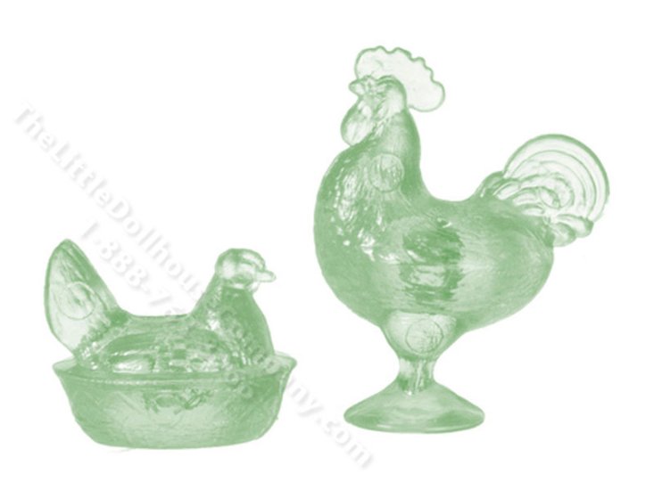 (image for) Miniature Rooster & Nesting Hen Figurines - Transparent Green