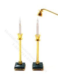 (image for) Miniature 12V Gold and Onyx Candlesticks with Candle Snuffer Set for Dollhouses