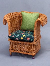 (image for) Miniature Brown Wicker Chair with Green Cushions for Dollhouses