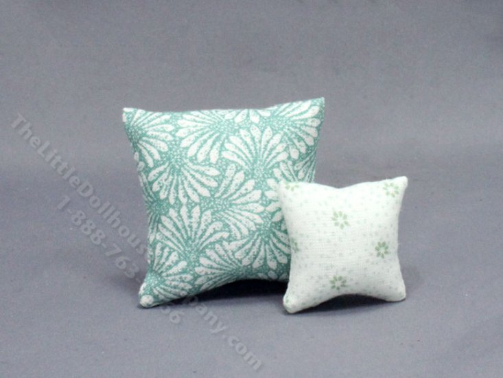 (image for) Miniature Pair of Square Green Floral Pillows for Dollhouses