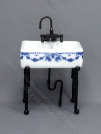 (image for) As-Is Miniature Porcelain Small Sink with Blue Bow Design