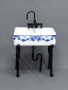 (image for) As-Is Miniature Porcelain Small Sink with Blue Bow Design