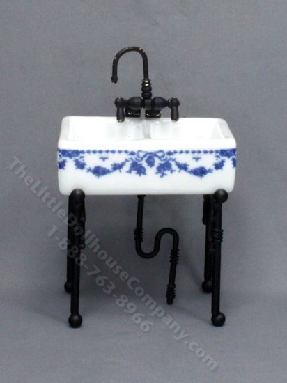 (image for) As-Is Miniature Porcelain Small Sink with Blue Bow Design