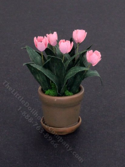 (image for) Dollhouse Miniature Pink Tulips in Terracotta Pot