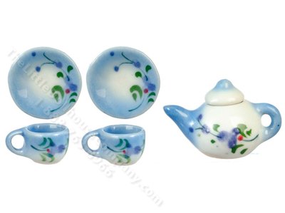 (image for) Miniature 6pc Blue Ceramic Tea Set for Dollhouses