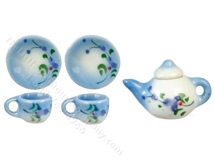 (image for) Miniature 6pc Blue Ceramic Tea Set for Dollhouses