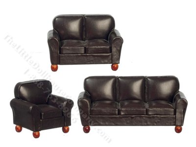 (image for) Dollhouse Miniature Brown RS Leather Sofa Set