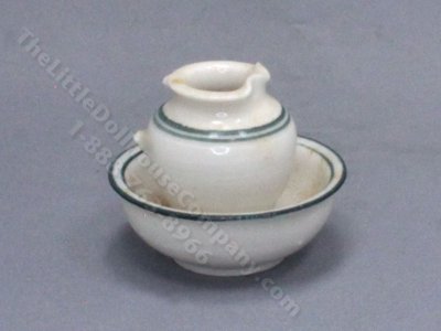 (image for) AS-IS Miniature Cream and Blue Ceramic Bowl and Pitcher Set