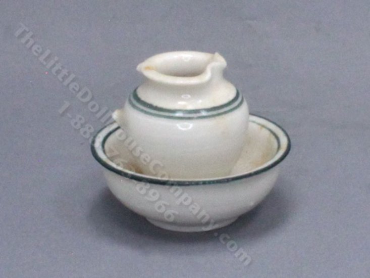 (image for) AS-IS Miniature Cream and Blue Ceramic Bowl and Pitcher Set