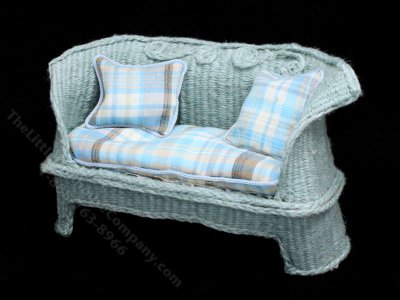 (image for) Miniature Plaid and Blue Wicker Sofa for Dollhouses