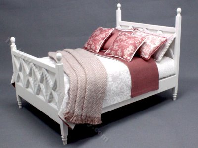 (image for) Miniature White Damask and Rose Toile Dressed Bed for Dollhouses