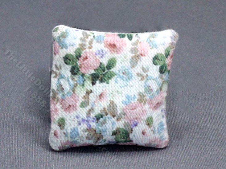 (image for) Miniature White, Pink and Blue Floral Pillow for Dollhouses