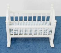 (image for) Miniature White Rocking Crib with BLue Linen for Dollhouses