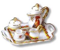 (image for) Dollhouse Scale Model Rooster Pattern Tea Set with Tray
