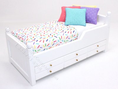 (image for) Miniature White Trundle Bed Dressed in Confetti Bedding