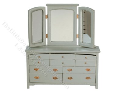 (image for) Miniature Grey Slat Dresser with Mirror for Dollhouses