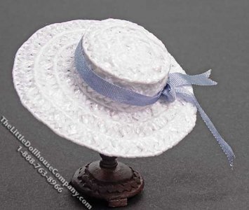 (image for) Ladies White Hat w/Blue Ribbon by Judith Blondell for Dollhouses