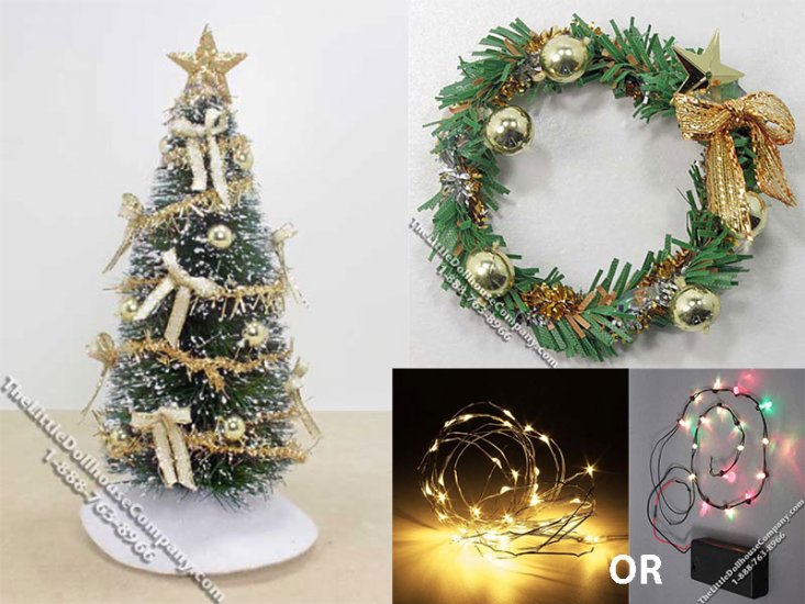(image for) Miniature Gold Christmas Tree, Wreath, and Lights Bundle