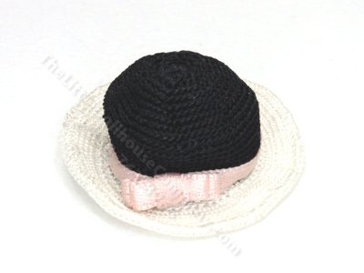(image for) Miniature Black and White Handmade Sun Hat with Pink Ribbon