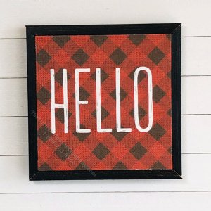 (image for) Miniature Framed 'Hello' on Red and Black Plaid Board Print