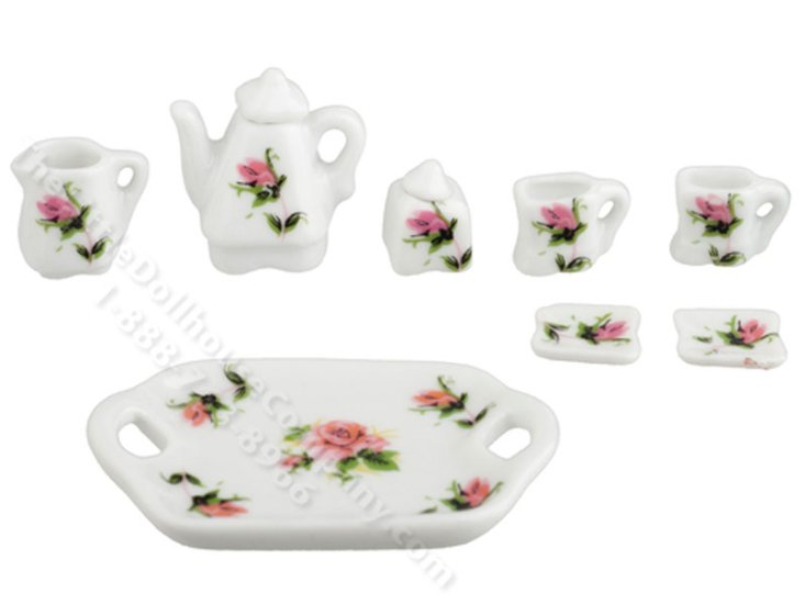 (image for) Miniature Pink Rose Coffee Set for Dollhouses