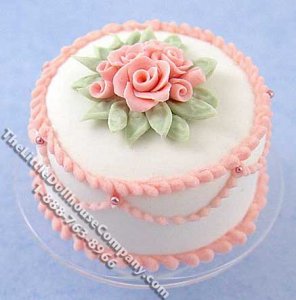 (image for) Dollhouse Scale Model White Cake w/Rose Decorations on Stand