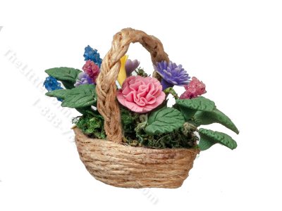(image for) Miniature Carnation Floral Arrangment in Basket for Dollhouses
