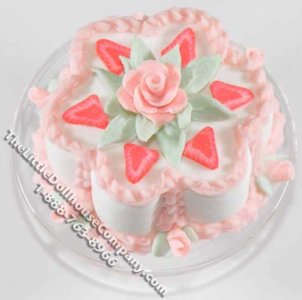(image for) Dollhouse Scale Model Flower Cake w/Strawberries on Plate