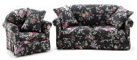 (image for) Miniature Sofa & Chair set with Black Floral Pattern