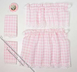 (image for) Miniature Pink Gingham Kitchen Curtain Set for Dollhouses