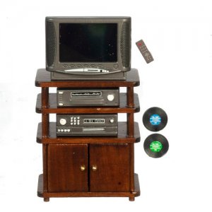 (image for) Miniature Walnut Entertainment Center with TV for Dollhouses