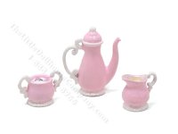 (image for) Miniature Georgian Style 3 Piece Coffee/Tea Set for Dollhouses - Pink & White