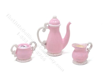 (image for) Miniature Georgian Style 3 Piece Coffee/Tea Set for Dollhouses - Pink & White