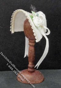 (image for) Miniature White Bonnet w/White Ribbon Strap for Dollhouses