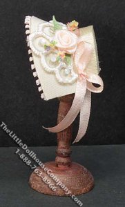 (image for) Miniature White Bonnet w/Pink Ribbon Strap for Dollhouses
