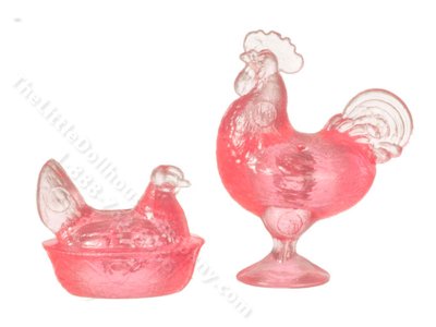 (image for) Miniature Rooster & Nesting Hen Figurines - Pink