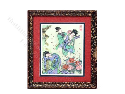 (image for) Vintage Signed Miniature Framed Art Print "Peony Pavilion" for Dollhouses