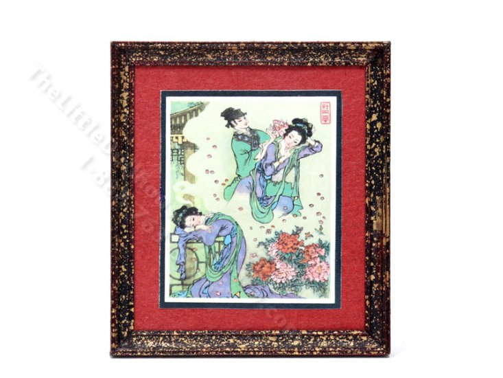 (image for) Vintage Signed Miniature Framed Art Print "Peony Pavilion" for Dollhouses