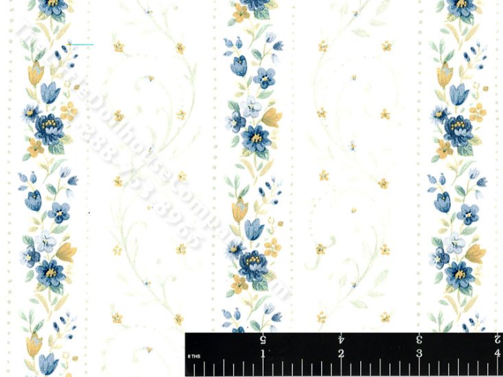 (image for) Blue Floral Stripe Miniature Wallpaper for Dollhouses