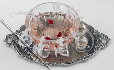 (image for) Dollhouse Scale Model Fruit Punch Bowl and 8 Glasses on Tray