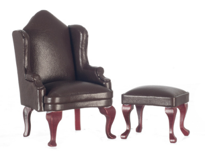 (image for) Miniature Padded Brown Wing Chair w/Ottoman