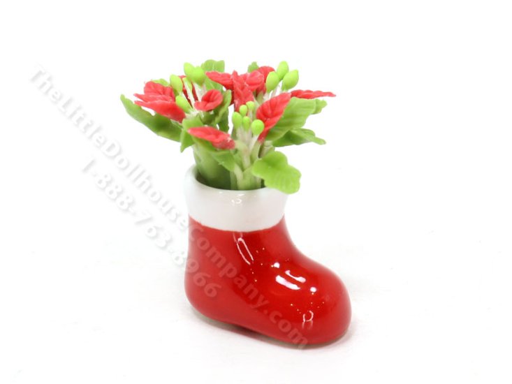 (image for) Miniature Poinsettia Flowers in Santa Boot Vase for Dollhouses
