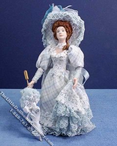 (image for) Woman in Blue Lace Dress with Bonnet and Parasol for Dollhouses