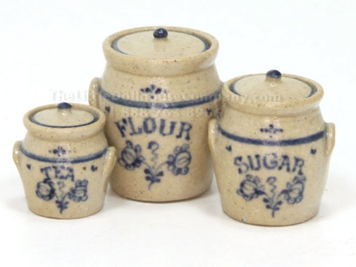 (image for) Miniature Stoneware Tea, Sugar, Flour Cannnisters By Jane Graber