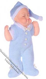 (image for) Miniature Sleeping Baby Doll in Blue Sleeper for Dollhouses